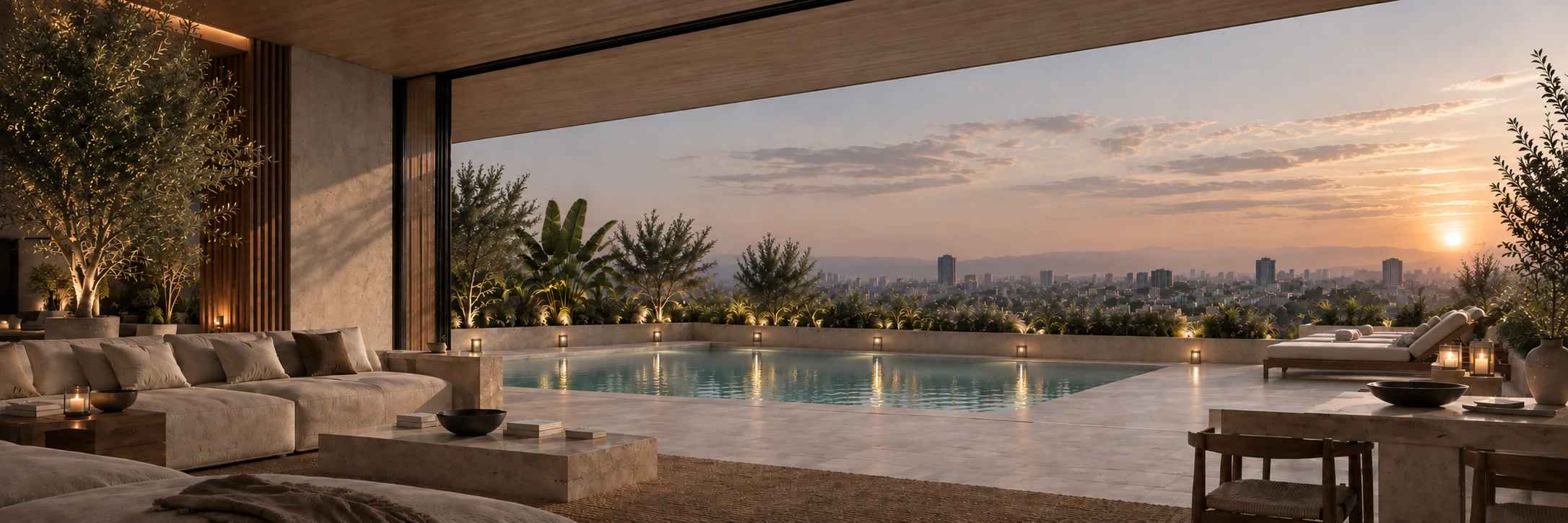 Open-air living room overlooking a pool and the Lima skyline at sunset